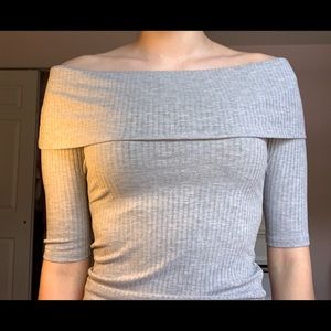 Ribbed Gray Fold Over Off the Shoulder Top